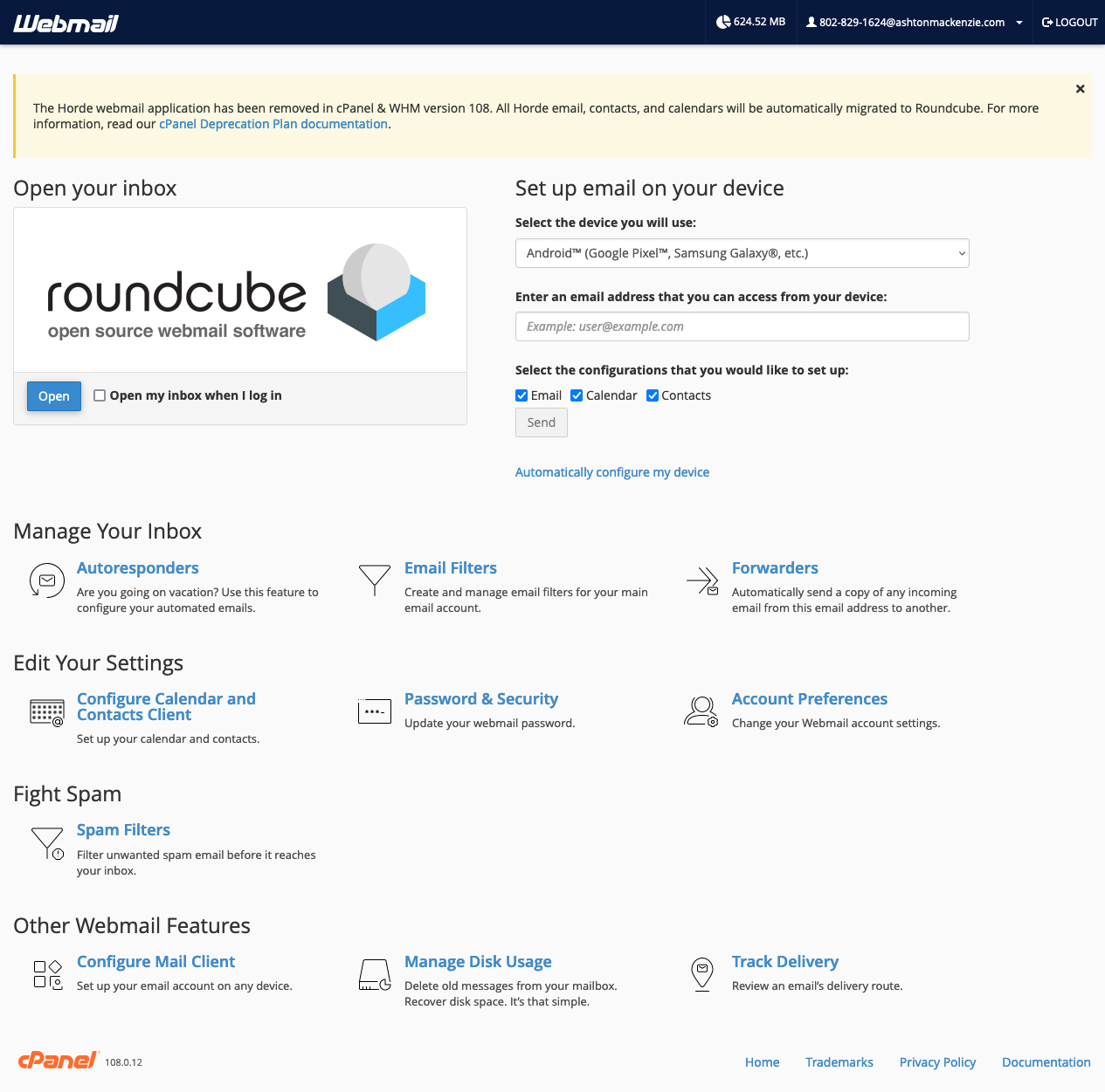 A screenshot of the roundcube email console