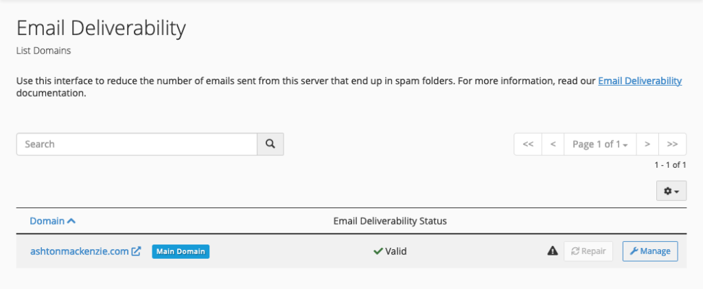 A screenshot of the email deliverability tool in name.com's cPanel