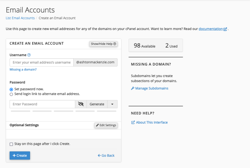A screenshot of the "create email account" dialog in cPanel.