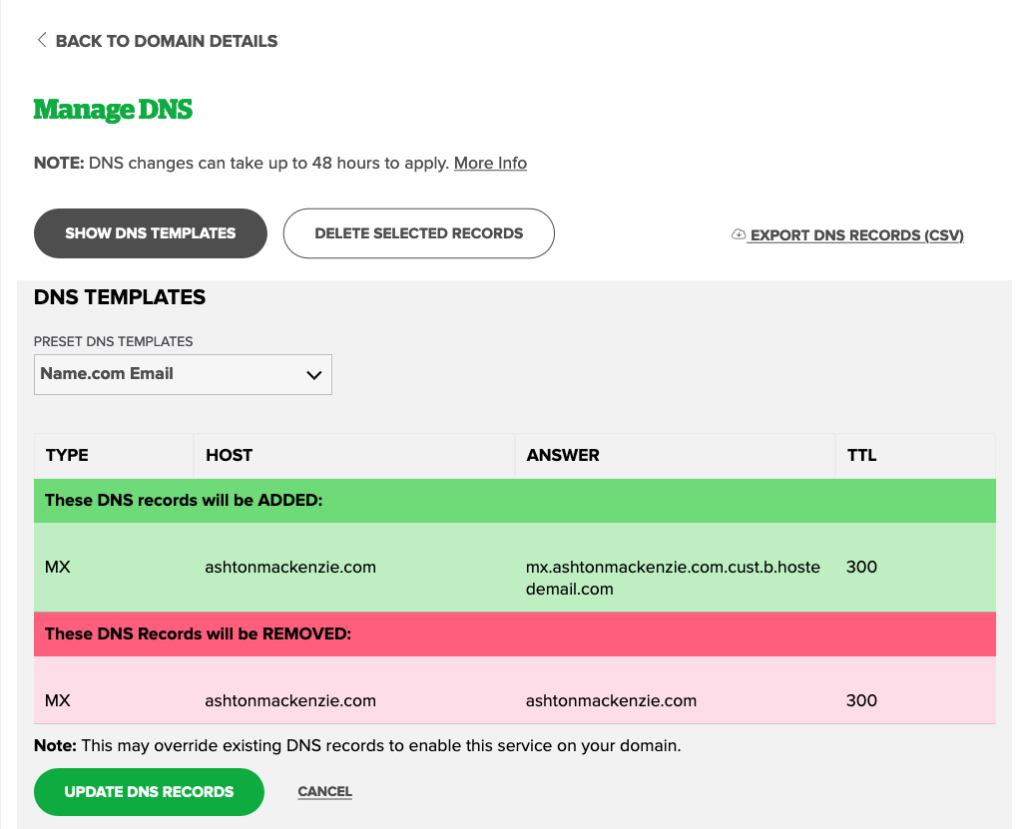 A screenshot of name.com's DNS management console with the name.com hosted email DNS template selected.