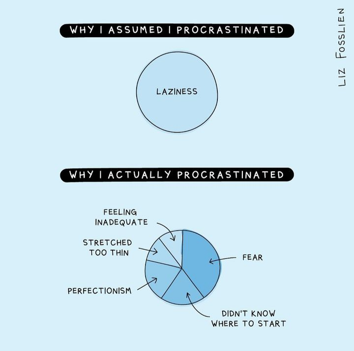 A set of two circle or pie charts. The top one is a fully colored circle titled "Why I assumed I procrastinated" and the colored circle section is labelled "Laziness".

The second pie chart has five segments of varying sizes and is labelled "Why I actually procrastinated". 

In order of ascending size, the sections are "Feeling inadequate", "Stretched too thin", "Perfectionism", "Didn't know where to start", and "Fear". Fear is about 10-15% larger than the next largest wedge.