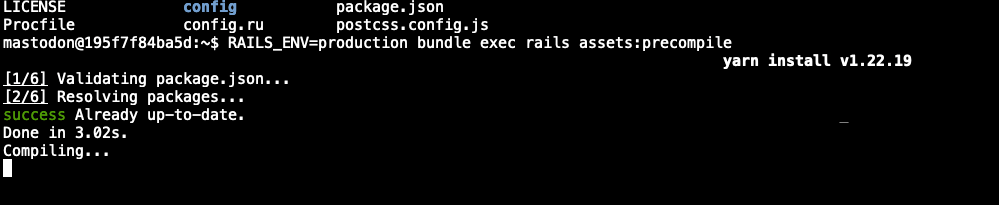 A screenshot of a terminal window showing the progress of running the following command `RAILS=ENV=production bundle exec rails assets:precompile`