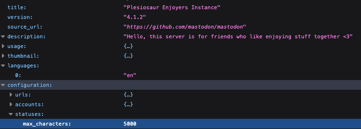 A screenshot of the API response from a mastodon instance showing the post character limit has been increased to 5000