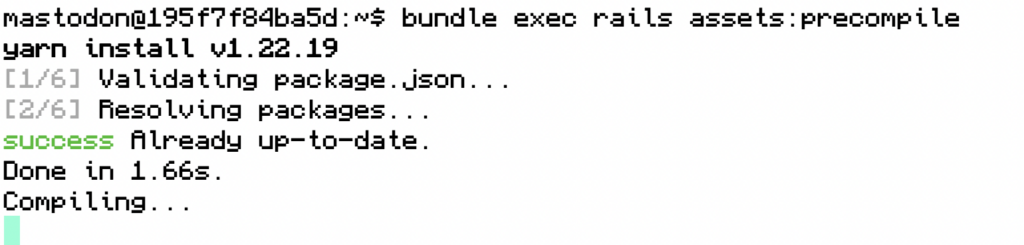 A screenshot of a terminal window showing the progress of running the following command `RAILS=ENV=production bundle exec rails assets:precompile`